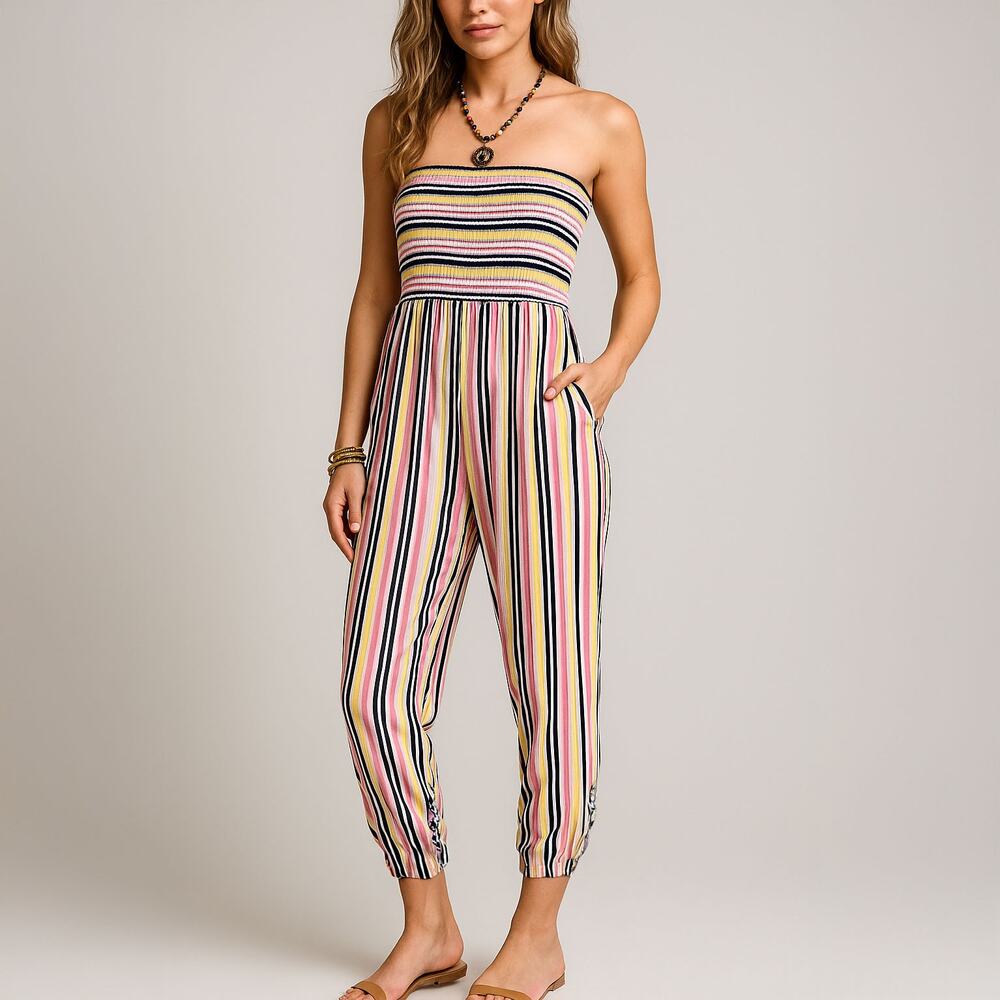 Full Circle Trends Strapless Colorful Cropped Jumpsuit With pockets Sz Large